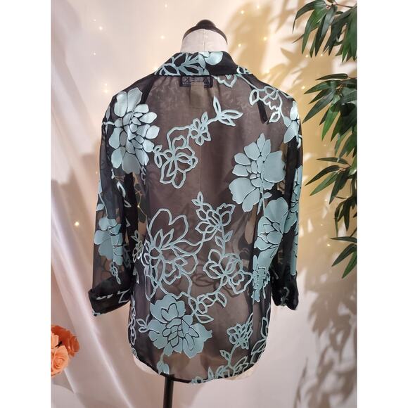 Alex Evenings Vtg Sheer Floral Jaquard Open Jacket Womens Size XL Black Blue - Picture 2 of 8